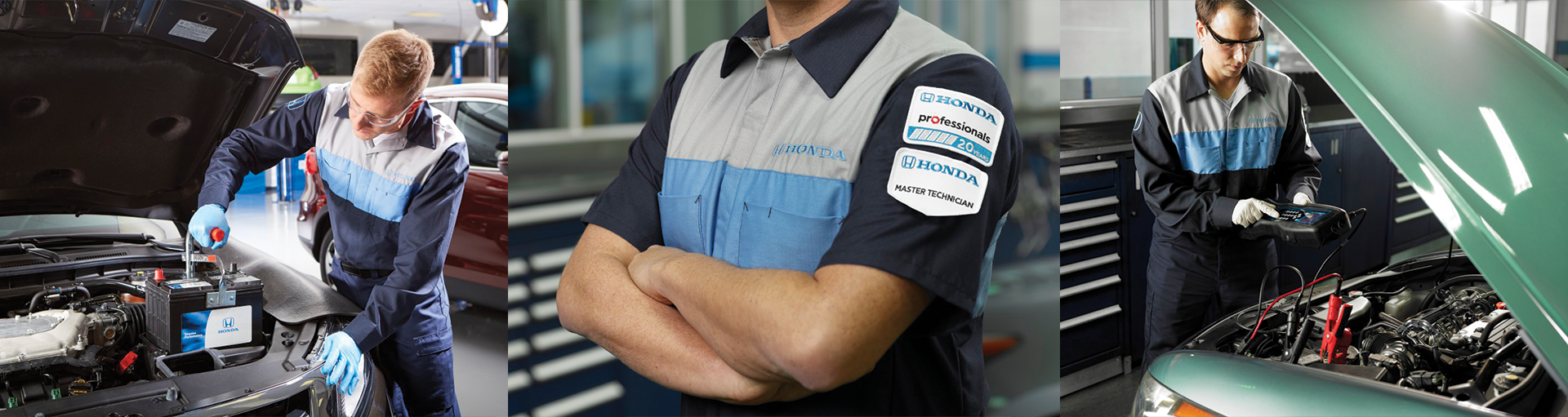 A service technician standing beside vehicles in the service center.