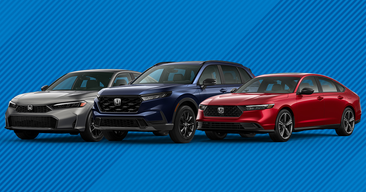A line-up of Honda Hybrid models including a Honda Civic, Honda CR-V and Honda Accord.